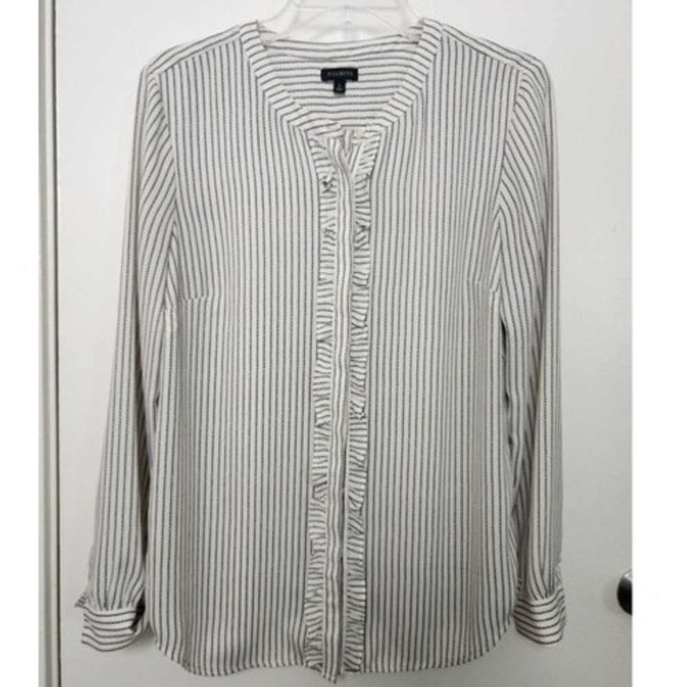 Talbots Striped Long Sleeve Ruffle Hidden Placket Button Blouse Sm White Black